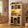 70" Kitchen Pantry Storage Cabinet Rustic Buffet Cabinet, Kitchen Hutch Cabinet with LED Outlets Food Pantry Cabinet with Doors and Shelves Wine Rack